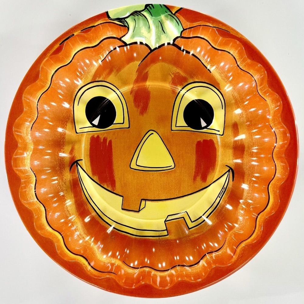 Vintage Halloween Jack O Lantern Orange Round Treat Serving Tray Plastic Pumpkin